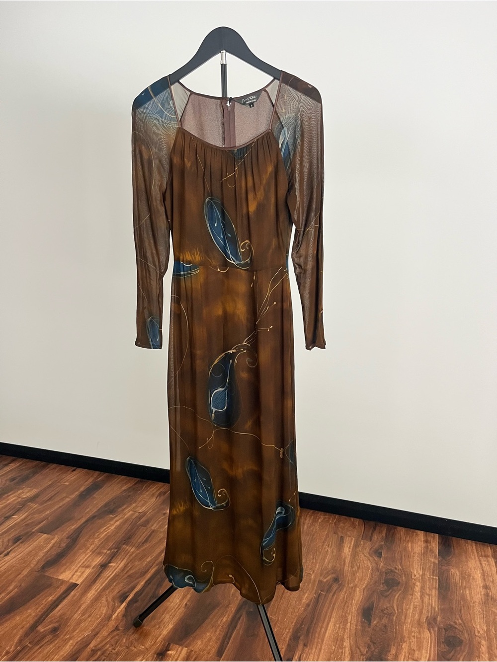 Vintage Brown Printed Long Sleeve Maxi Dress